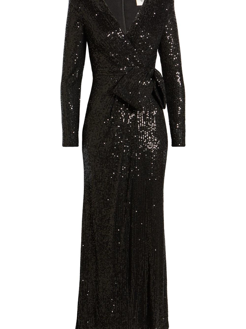 Eliza J Black Sequin Long-Sleeve Wrap Gown with Side Bow